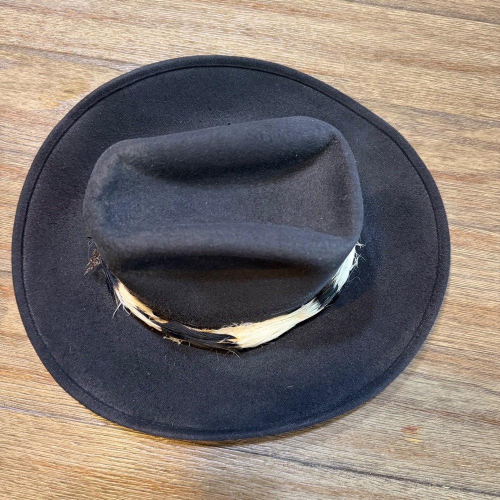Vintage Black Wool Felt Cowboy Hat Feather Band Size 6 7/8 Western Boho Festival - Picture 8 of 10